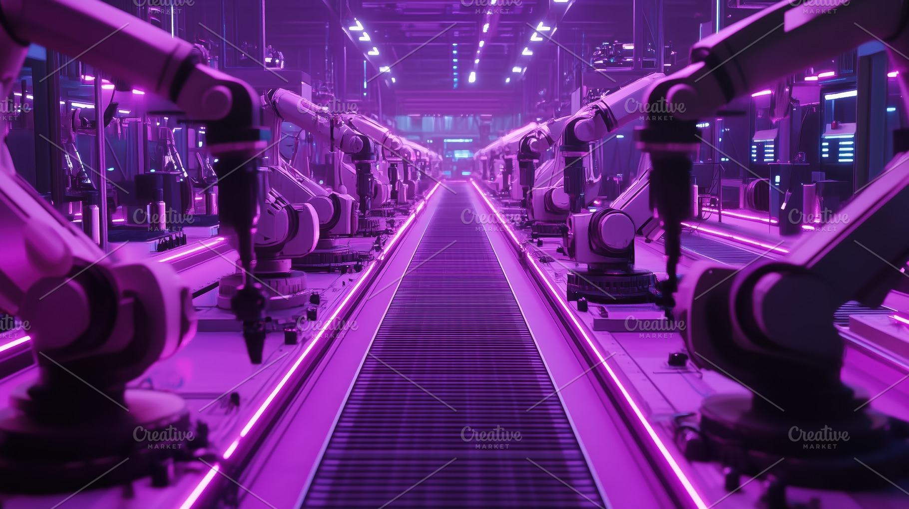 A futuristic factory floor featuring robotic arms working in unison under vibra, an Arts & Entertainment Photo by Textures & Backgrounds