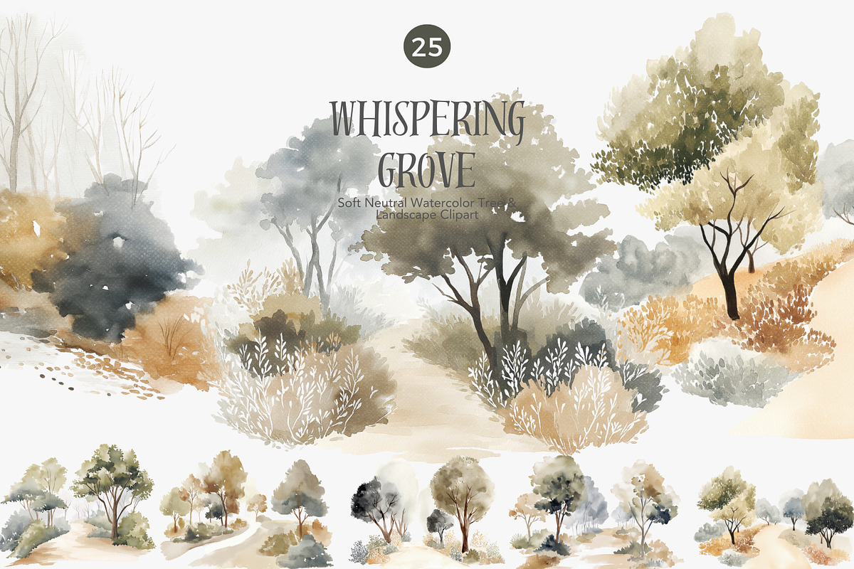 Neutral watercolor tree clipart set, a Decorative Illustration by Patishop Art (Photo 1 of 8)