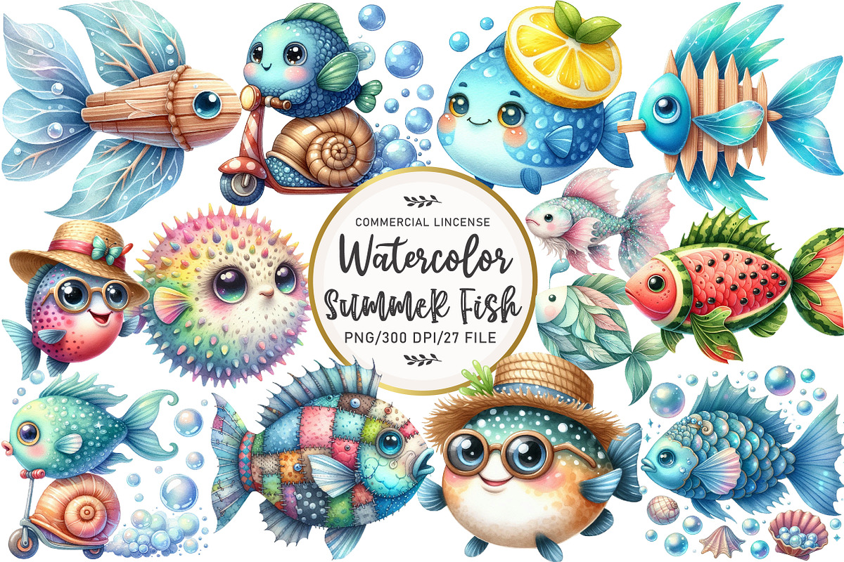 Quirky Summer Fishes Clipart, an Illustration by OK Design (Photo 1 of 5)