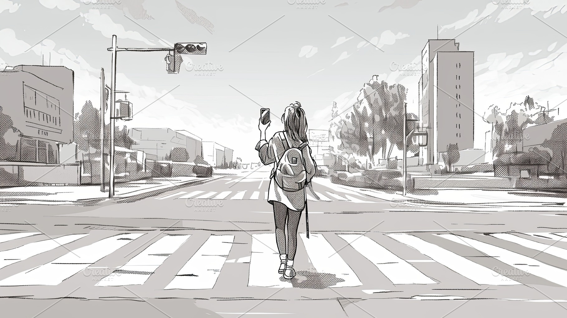 Teenager walks across urban street holding smartphone and wearing a backpack, a Photo by AS photostudio
