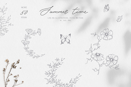 Summer botanical line art, a Decorative Illustration by Summer Nightingale Art