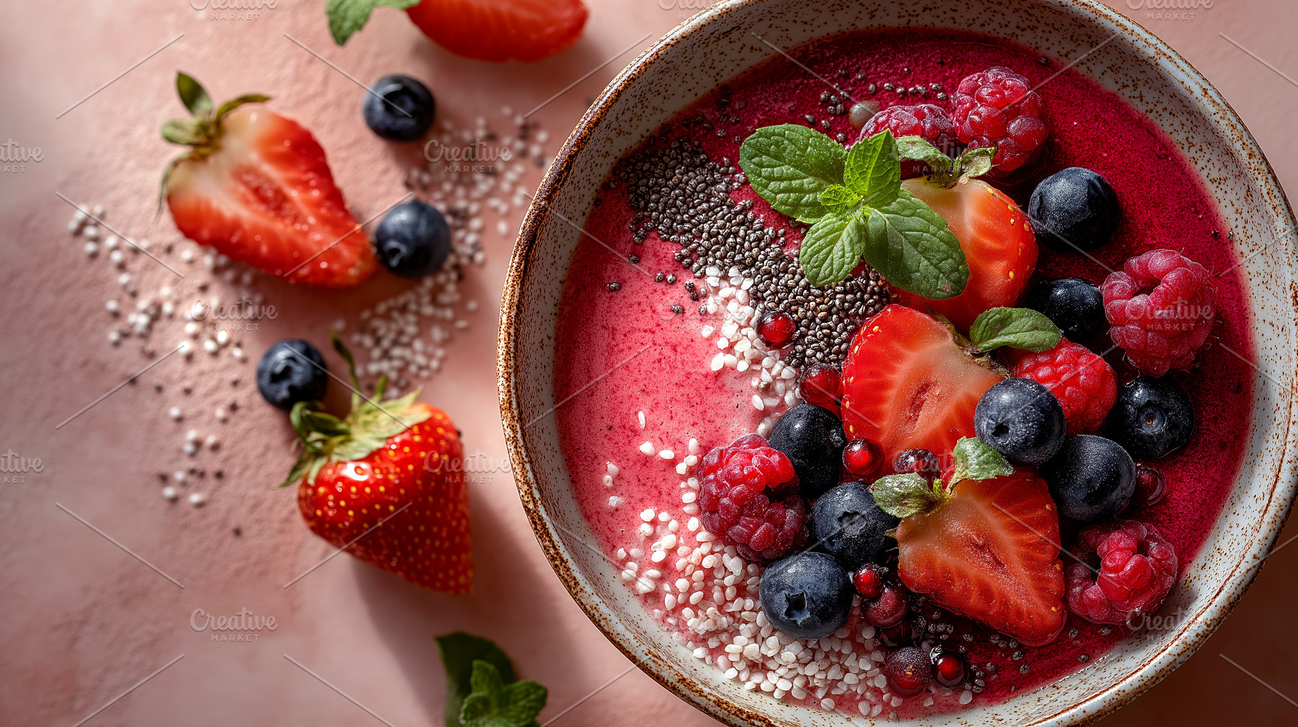 Vibrant Berry Smoothie Bowl with Fresh Fruit and Chia Seeds on Pink Background, a Food & Drink Photo by Ocean Digital Art