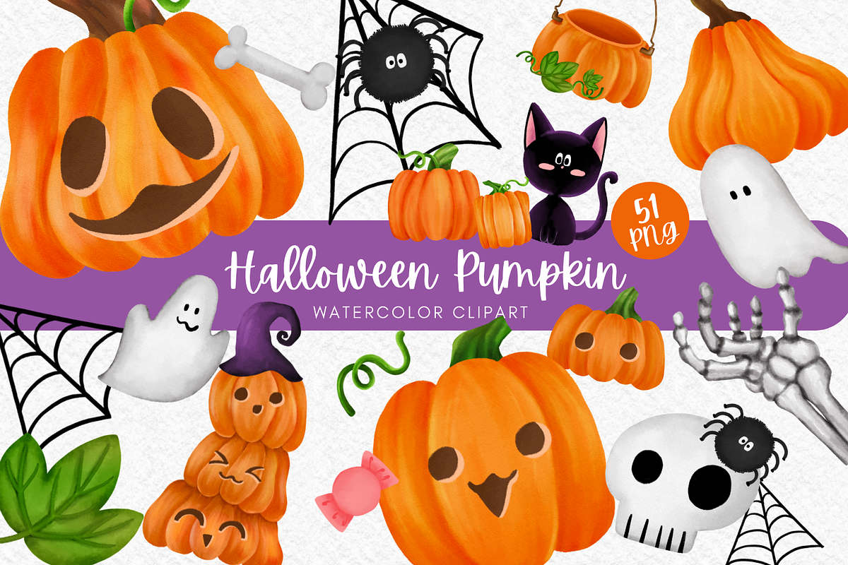 Halloween pumpkin watercolor clipart, an Illustration by AkiraVilla (Photo 1 of 10)