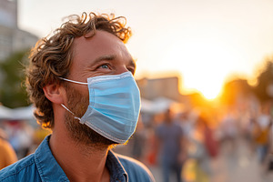 Beautiful man wearing a protective mask in vibrant sunset at a busy outdoor mar, a Person Photo by AlyaAnd
