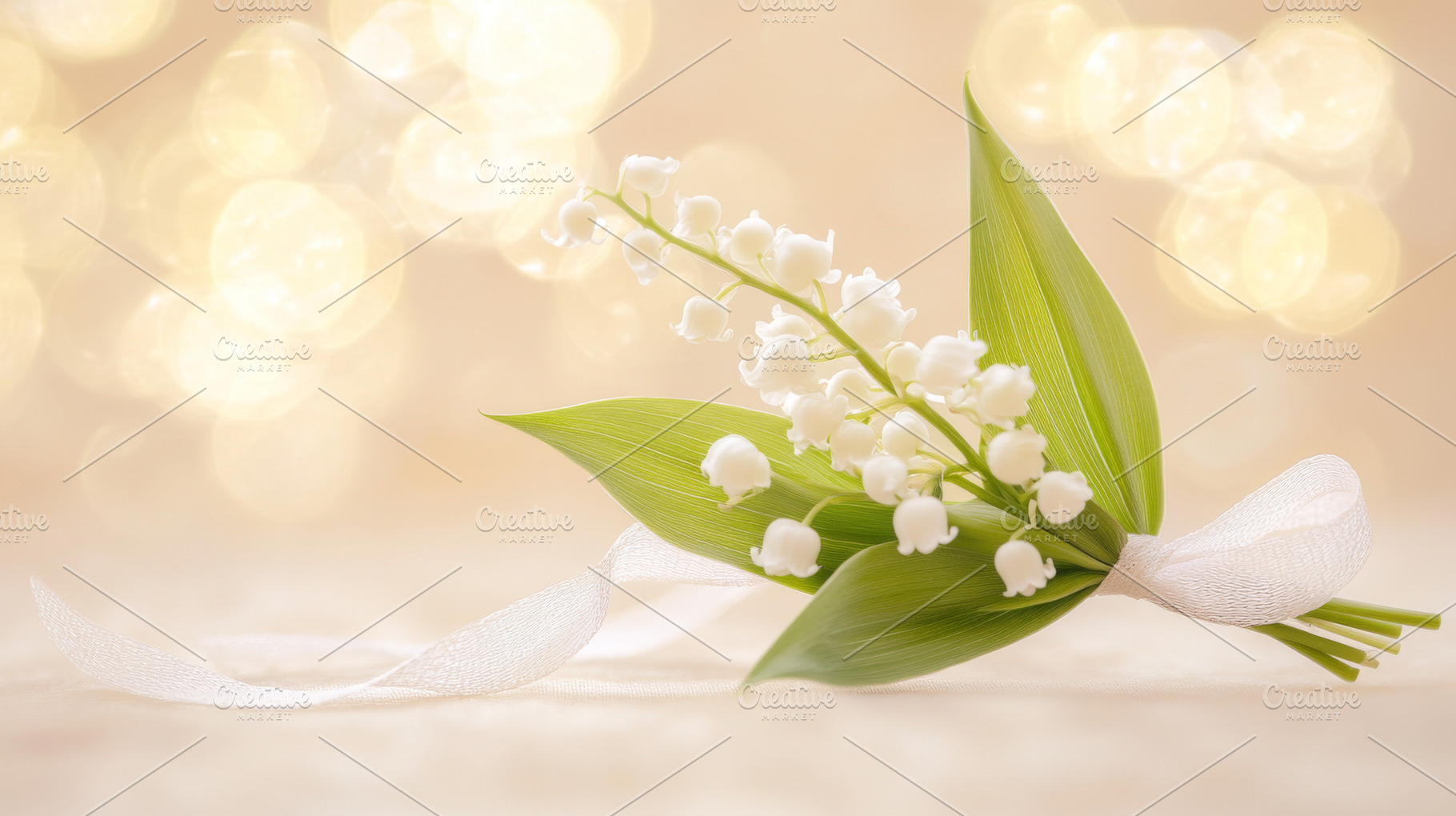 Small bouquet of lily of the valley resting on wooden surface, c, a Photo by Dvoevnore photos