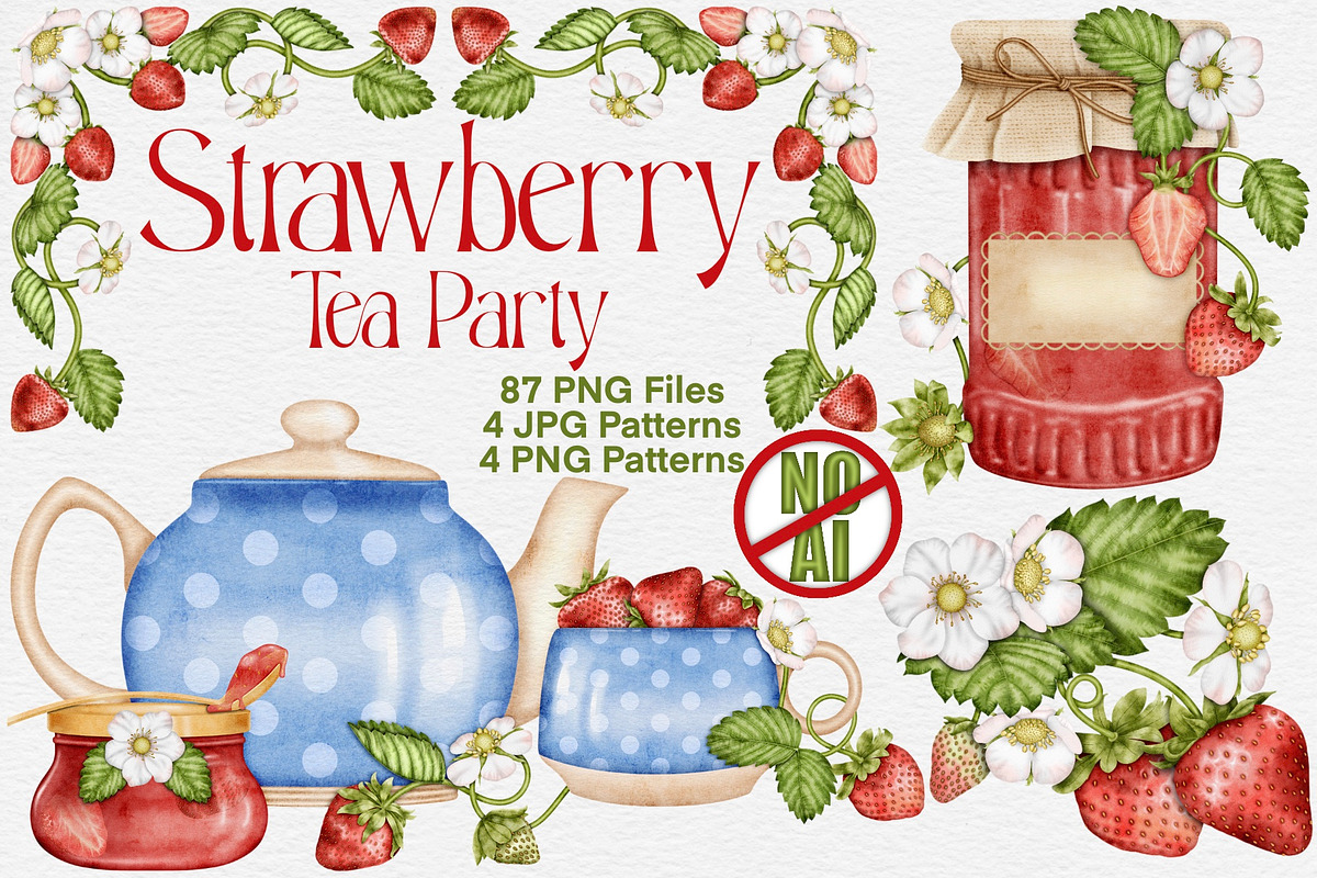 Strawberry Watercolor Tea Party., a Food Illustration by Happy Sloth Graphics (Photo 1 of 13)