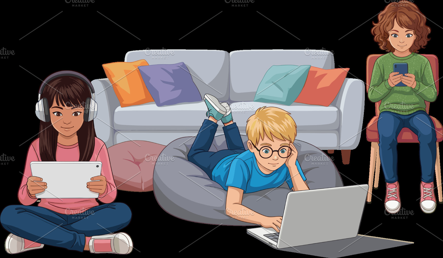 three children with digital devices, a Technology Photo by angellodeco