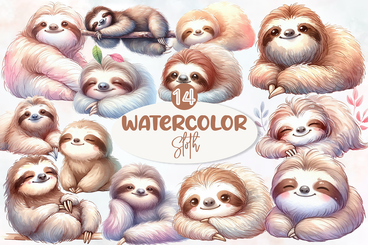 Watercolor Sloth clipart, an Illustration by Designworld (Photo 1 of 5)