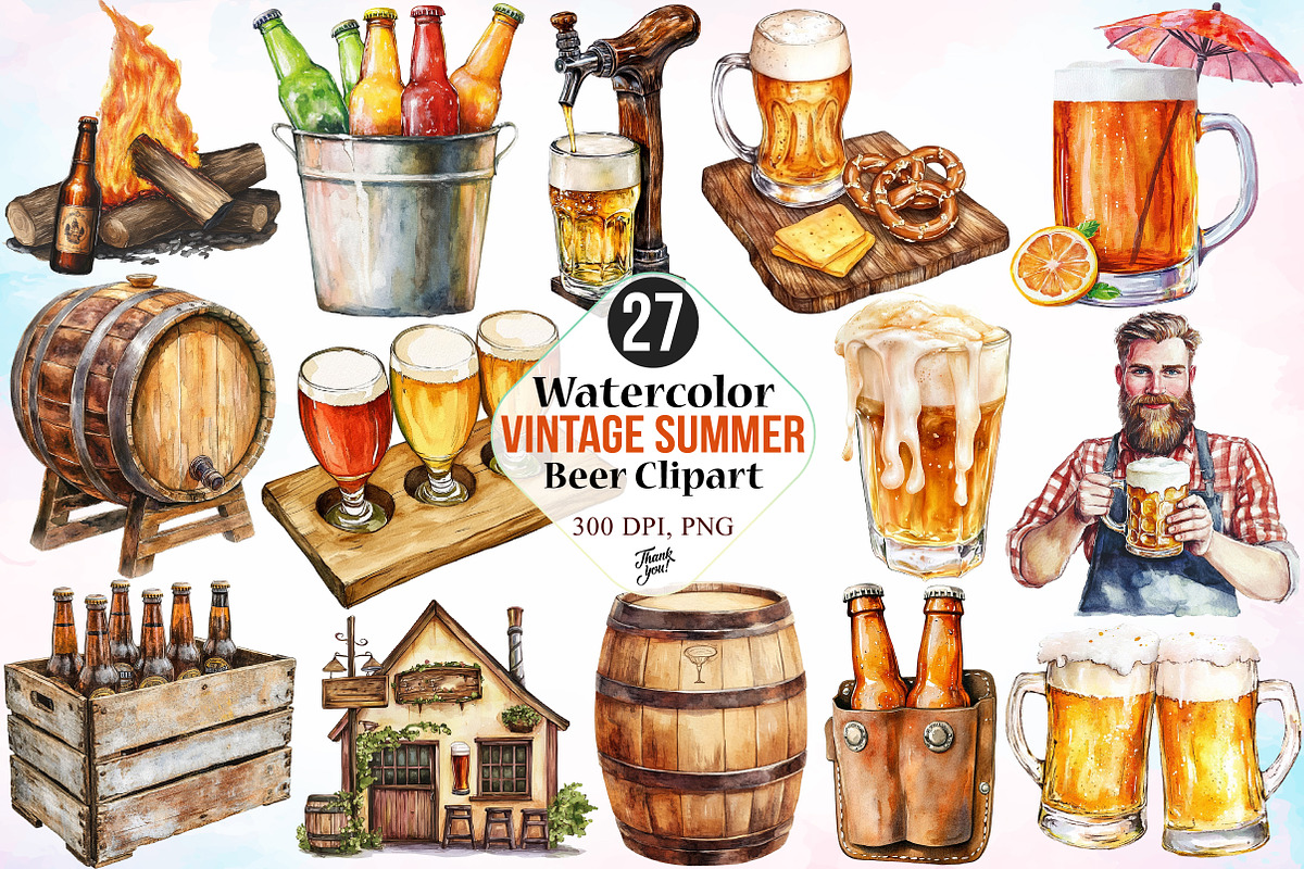 Watercolor Vintage Summer Beer PNG, an Illustration by Canvas Craft (Photo 1 of 3)