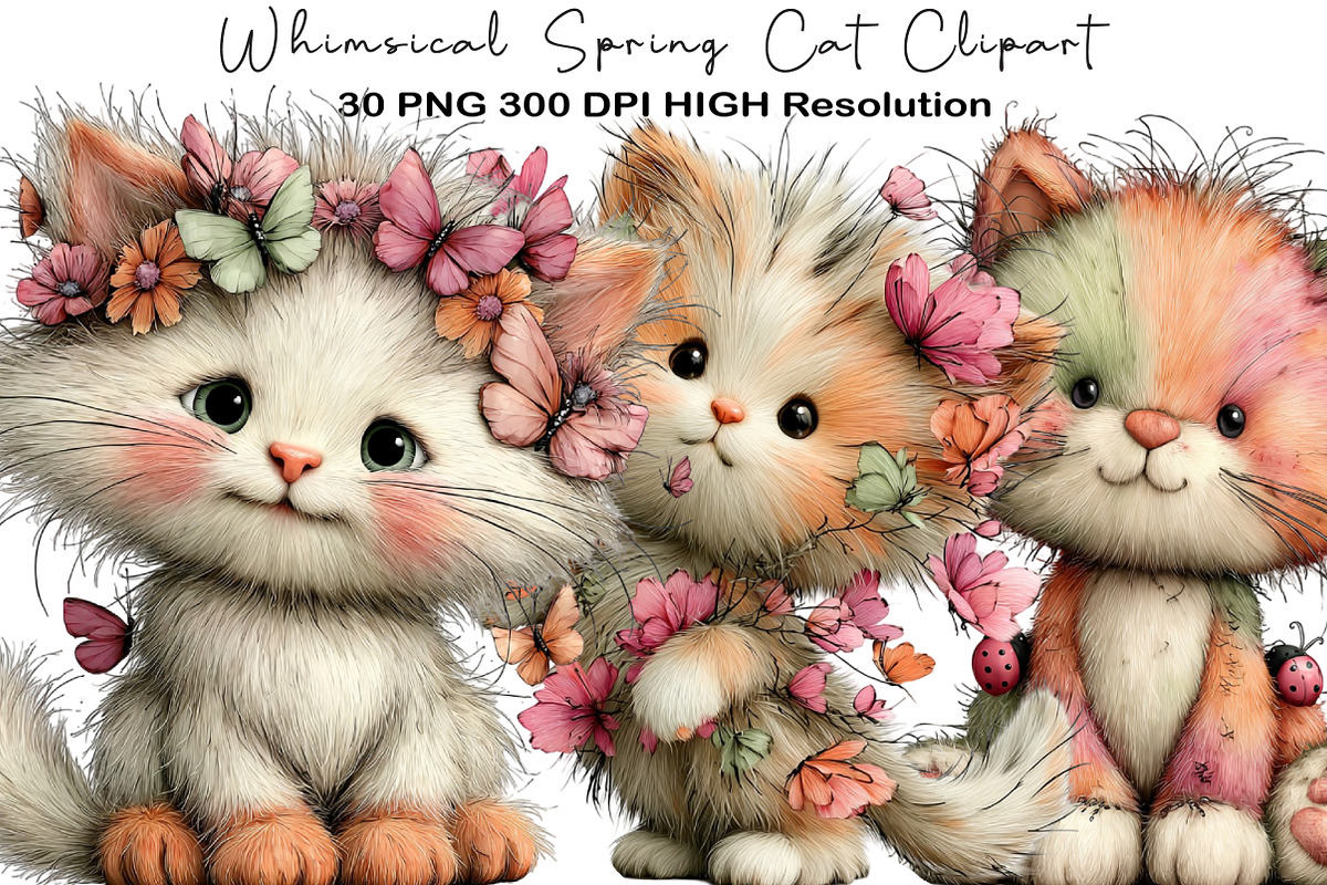 Whimsical Spring Cat Clipart, an Illustration by Black Bird Studio (Photo 1 of 5)