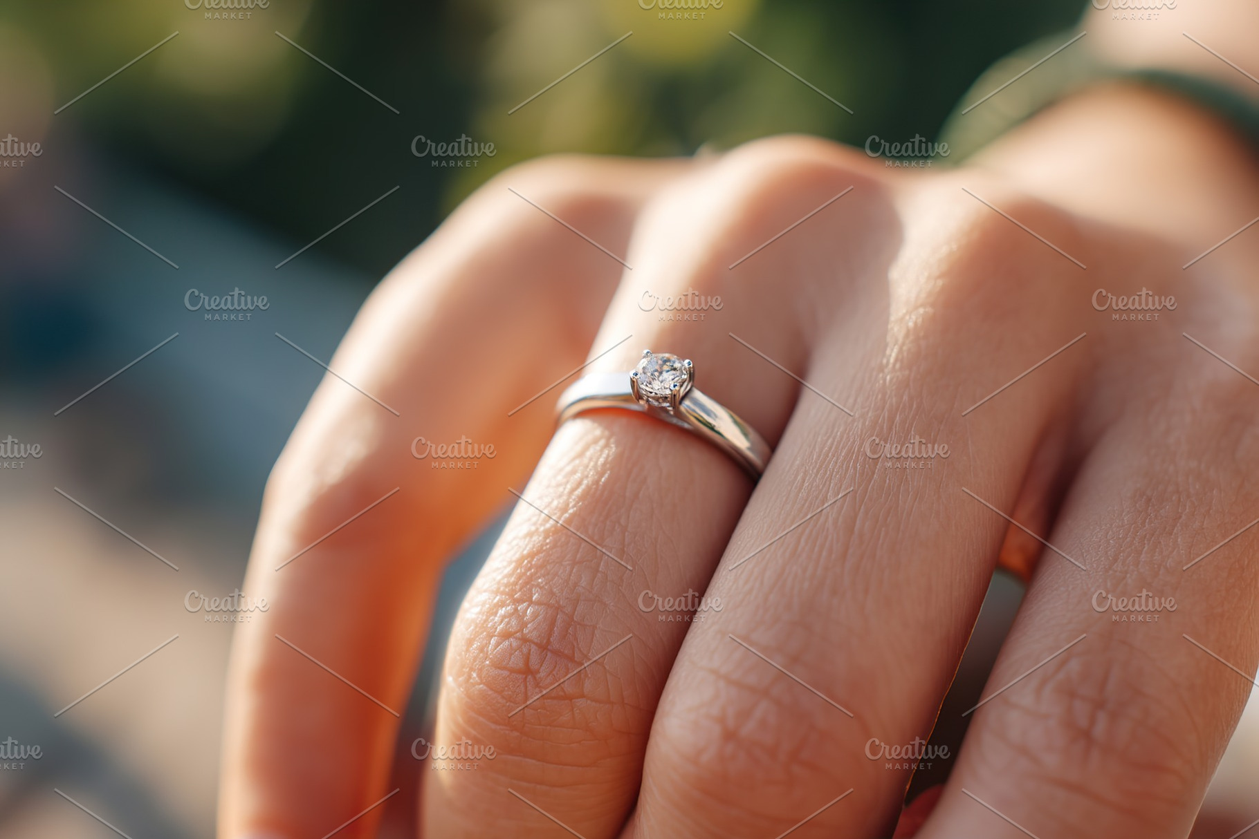 Wedding ring gracefully displayed on woman's hand in natural setting during day, a Beauty & Fashion Photo by AlyaAnd