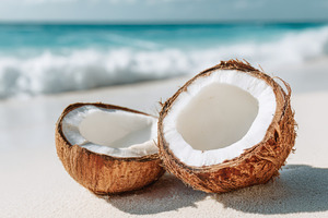 Coconut Halves on Beach Sand, a Food & Drink Photo by Virgo Studio