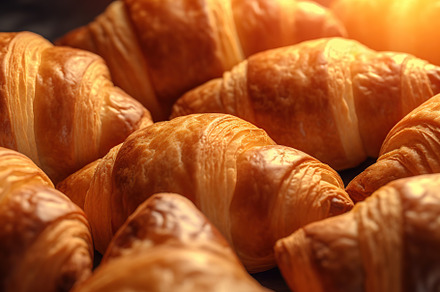 Fresh delicious croissants background. Generative AI, a Food & Drink Photo by AlyaAnd