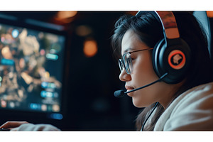 Asian female gamer wearing a headset, a Technology Photo by Sergey Kotenev