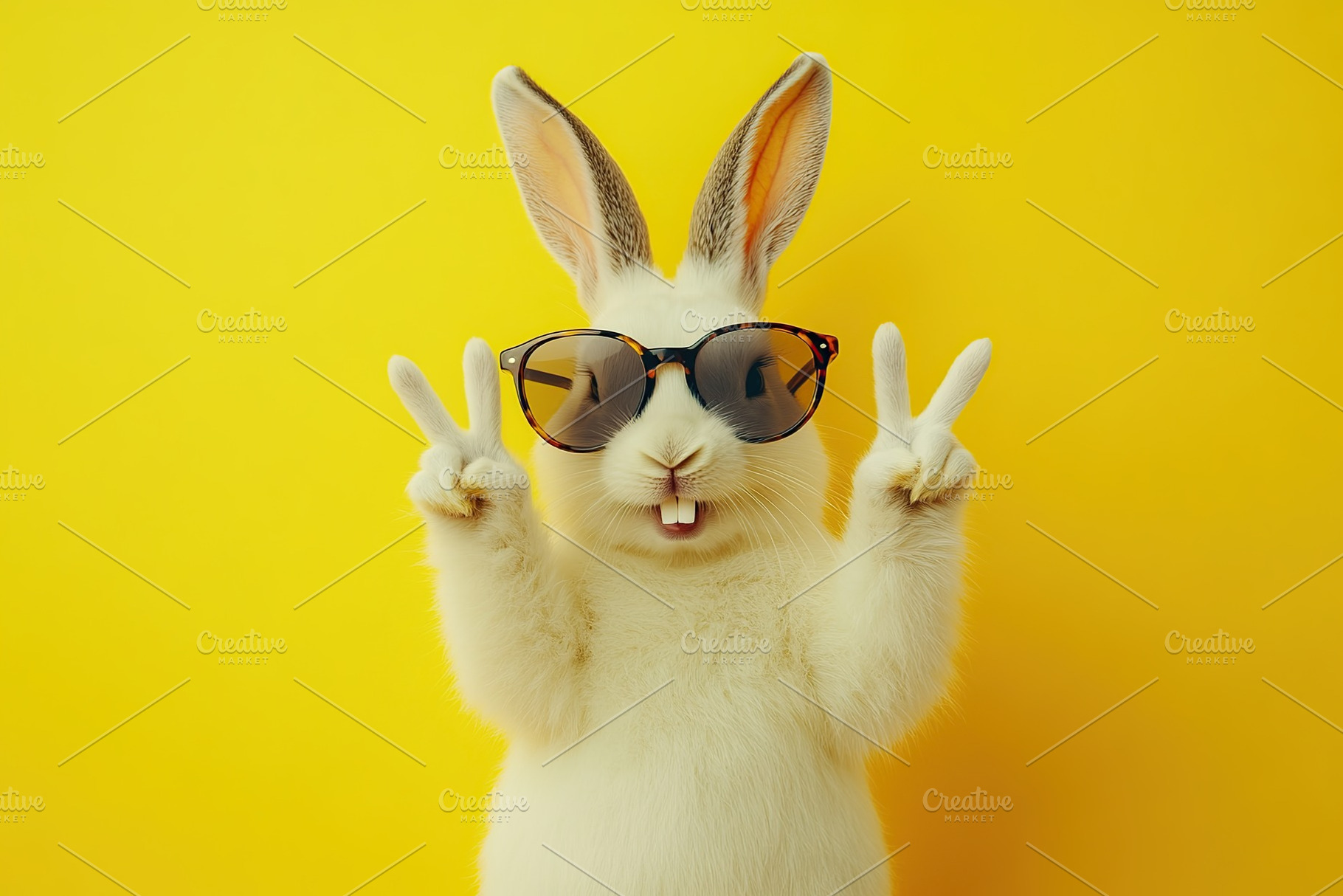 Rabbit wearing sunglasses and making peace sign against bright yellow backgroun, an Animal Photo by AlyaAnd