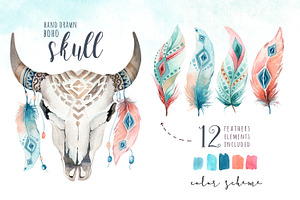 Watercolor Boho Skulls II