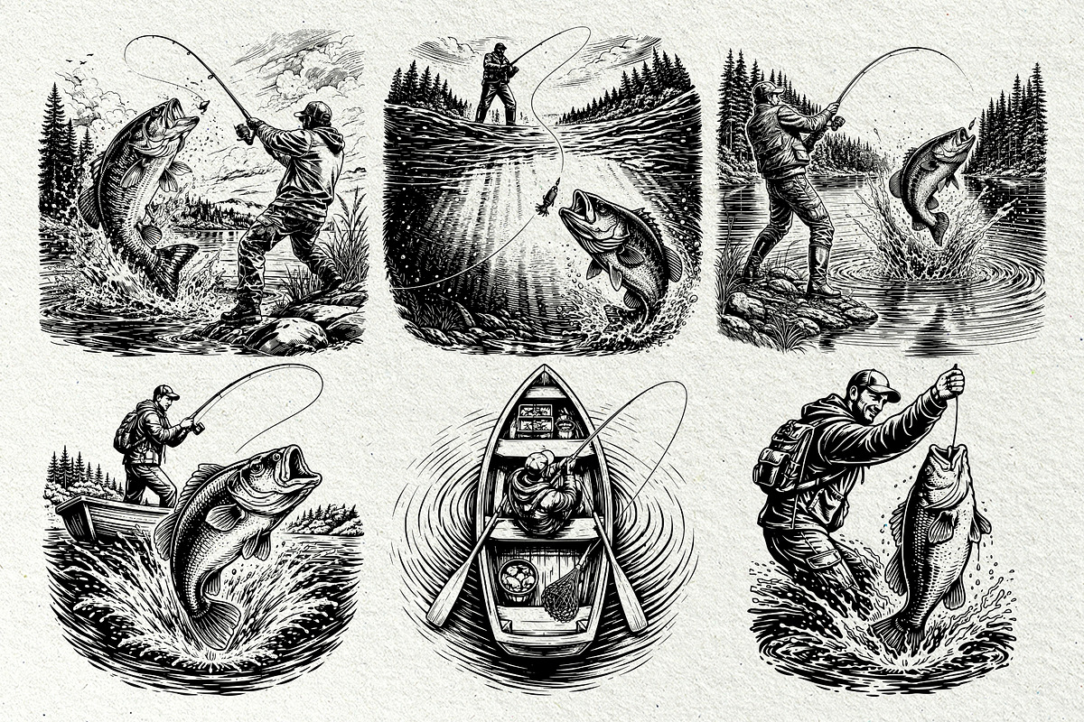 Fishing Scenes Engraving Graphics, a Sport Illustration by DENIDigitalArtSudio (Photo 5 of 8)