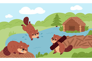 Cute beavers landscape. Cartoon, an Animal Illustration by YummyBuum