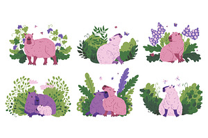 Set of capybaras in different poses, an Animal Illustration by Sabelskaya