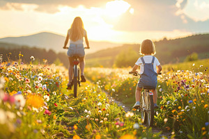 Mother and Child Cycling at Sunset Meadow, a Sports & Recreation Photo by Davizro's Market