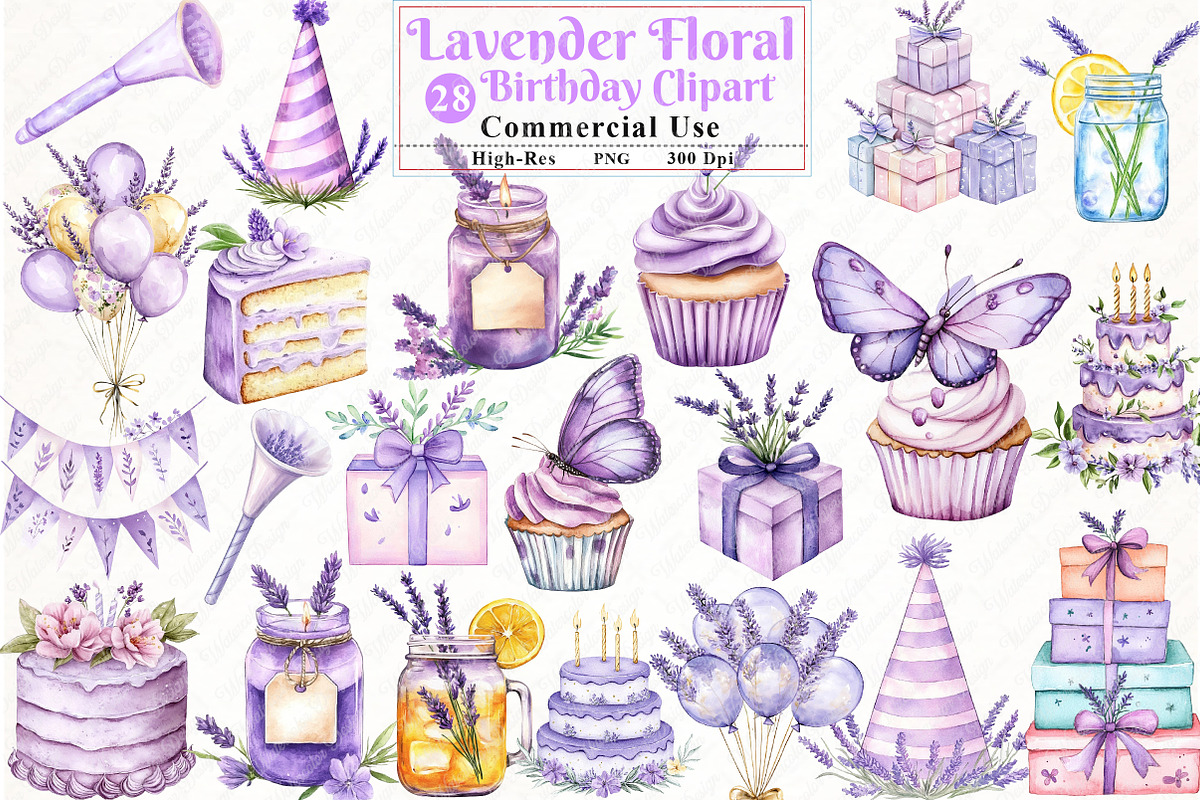 Lavender Floral Birthday Clipart, an Illustration by Watercolor design (Photo 1 of 11)