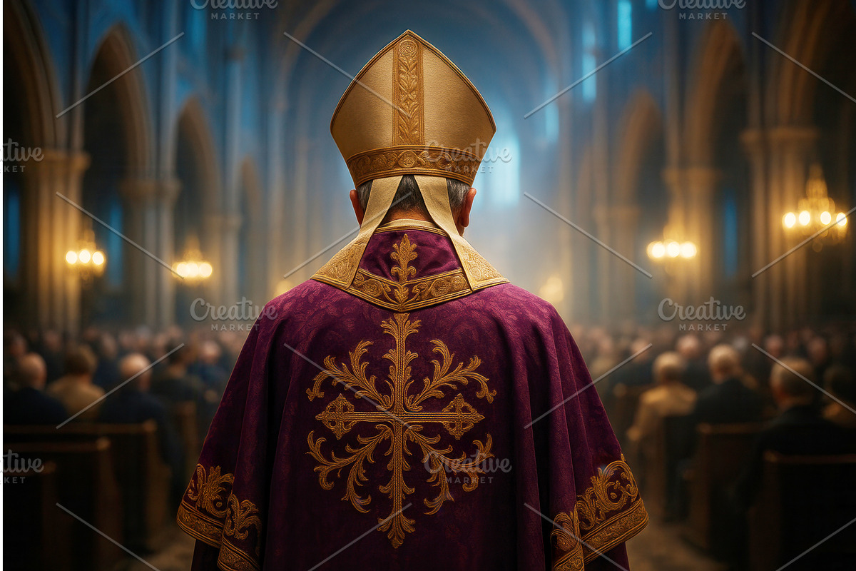 A bishop in ornate vestments stands, an Illustration by Sergey Kotenev