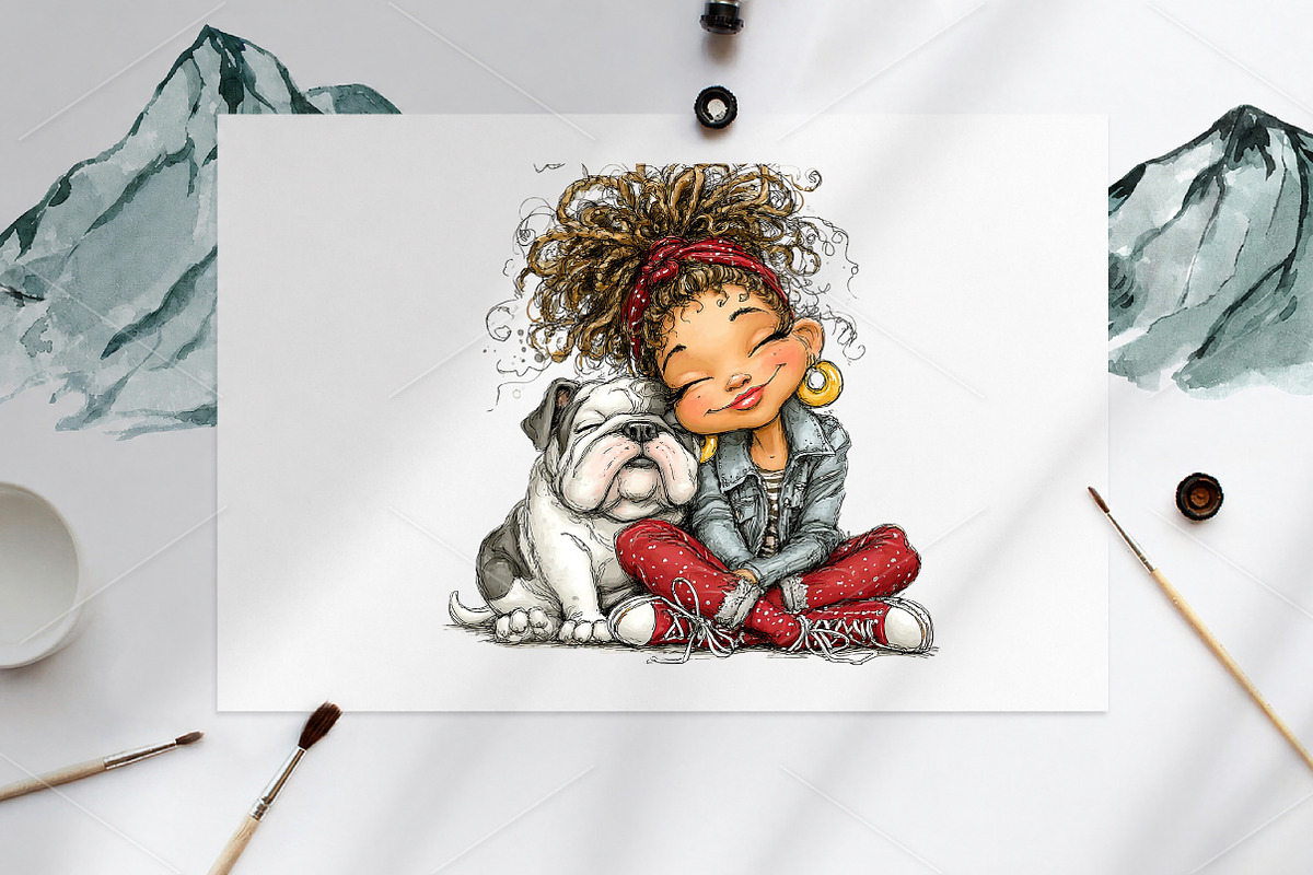 Whimsical Hugging Girl and Dog PNG, a Seasonal Illustration by Canvas Craft (Photo 9 of 10)