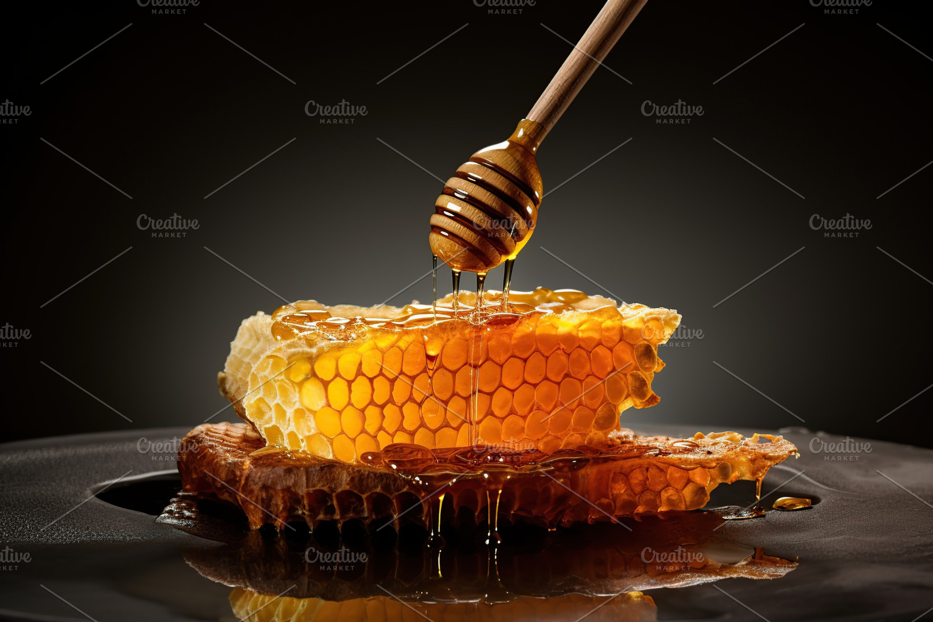 Honeycomb with honey and honey dipper on black background, a Food & Drink Photo by AlyaAnd