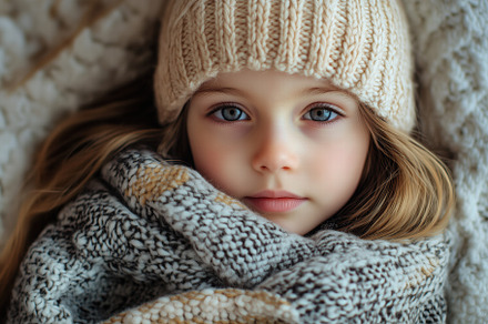 A young girl with long hair, wearing a knitted beige hat and wrapped in a cozy,, a Person Photo by Textures & Backgrounds