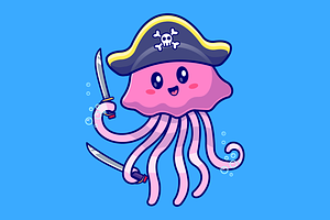 Cute Jellyfish Pirate Holding Sword, an Animal Illustration by Catalyst Labs