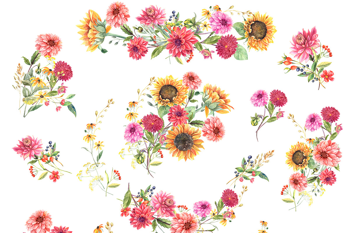 Dahlia and Sunflowers, a Seasonal Illustration by JennyColorArt (Photo 7 of 10)