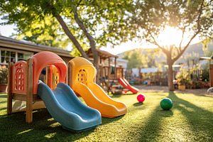 Bright playground with colorful slides under the warm sun at a daycare center i, a Photo by AlyaAnd