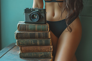 Woman in black bikini poses with vin, a Photo by Tanuart
