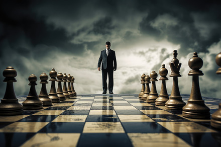 Businessman standing on chessboard w, a Photo by Iftikhar Alam
