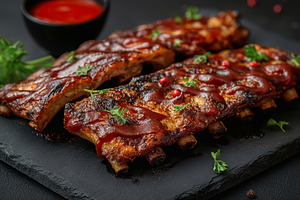 Deliciously glazed pork ribs served on a slate platter with fres, a Food & Drink Photo by ImageMir