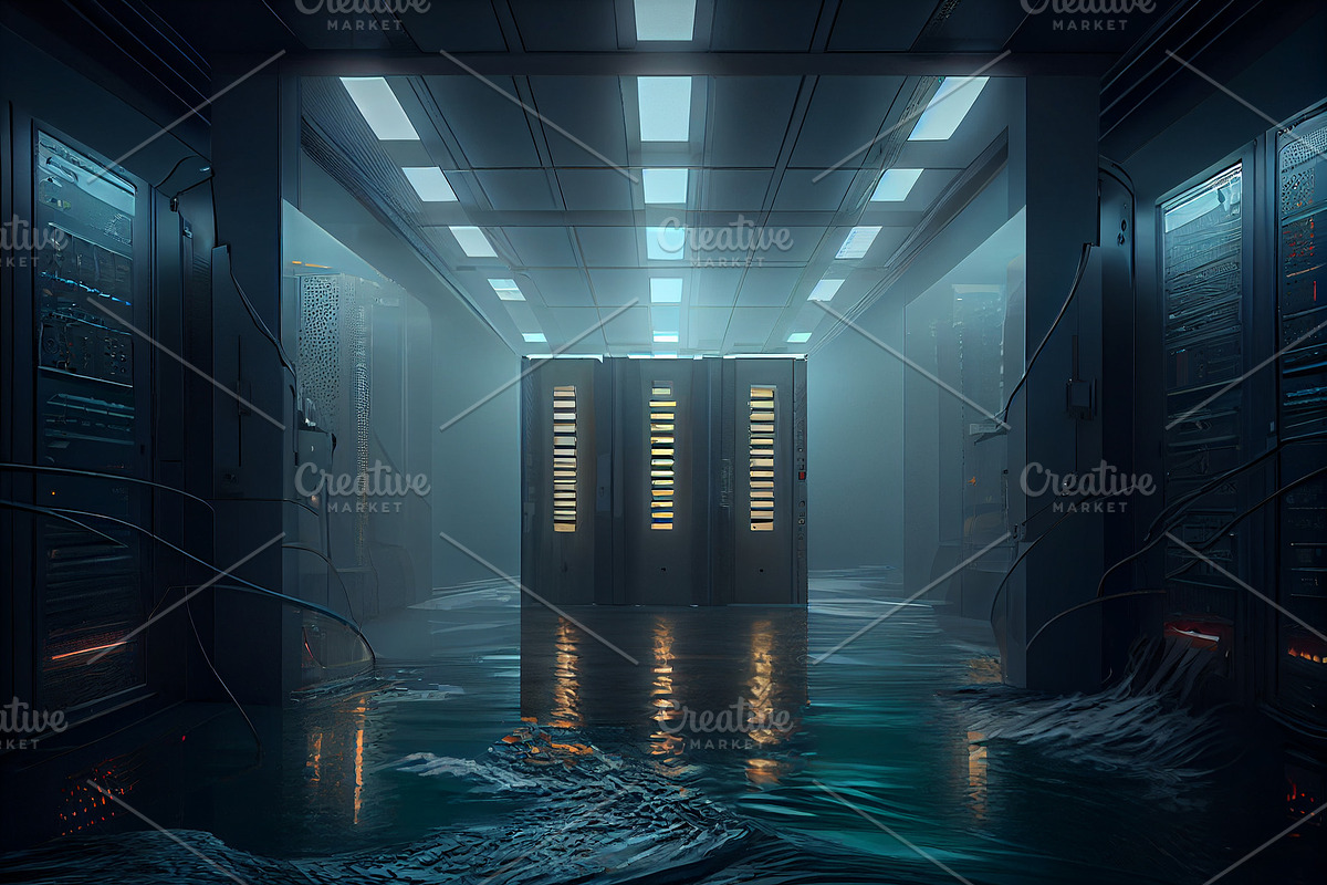 flooded server room, a Technology Illustration by Olyryk & Aglo
