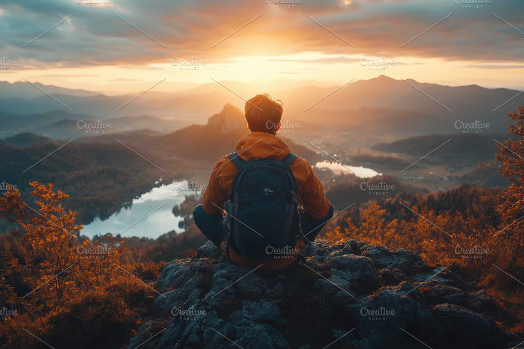 A person sitting on a rocky ledge, overlooking a scenic landscape at sunset. Th, a Person Photo by Textures & Backgrounds