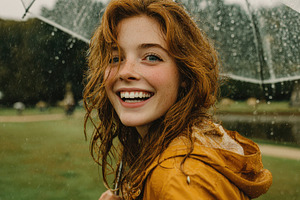 Happy redhead woman in rain with umb, a Photo by Pixeness Studio