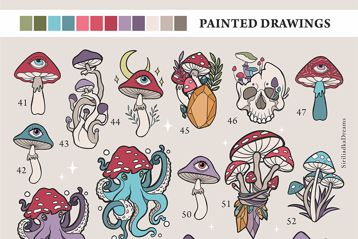 Retro mushrooms and skulls clipart, an Illustration by Siriliadka Dreams (Photo 8 of 9)