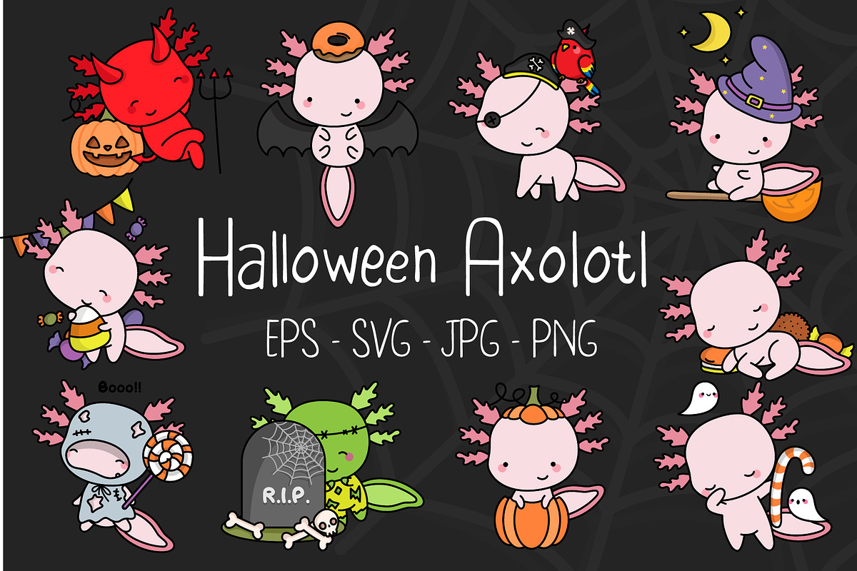 Cute Halloween Axolotl Set of Animal, an Animal Illustration by ArtVarStudio (Photo 1 of 3)