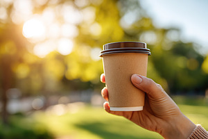 Holding a reusable coffee cup in a sunny outdoor setting near greenery, a Photo by AlyaAnd
