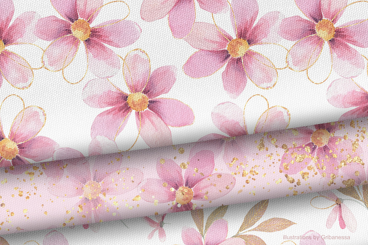 Pink Watercolor Flowers & Gold, a Decorative Illustration by Gribanessa (Photo 5 of 13)
