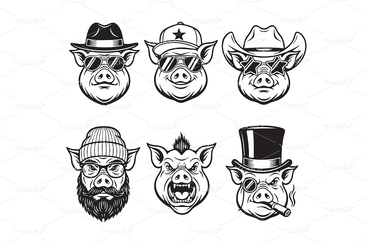 Pig heads wearing different hats, an Animal Illustration by yod67