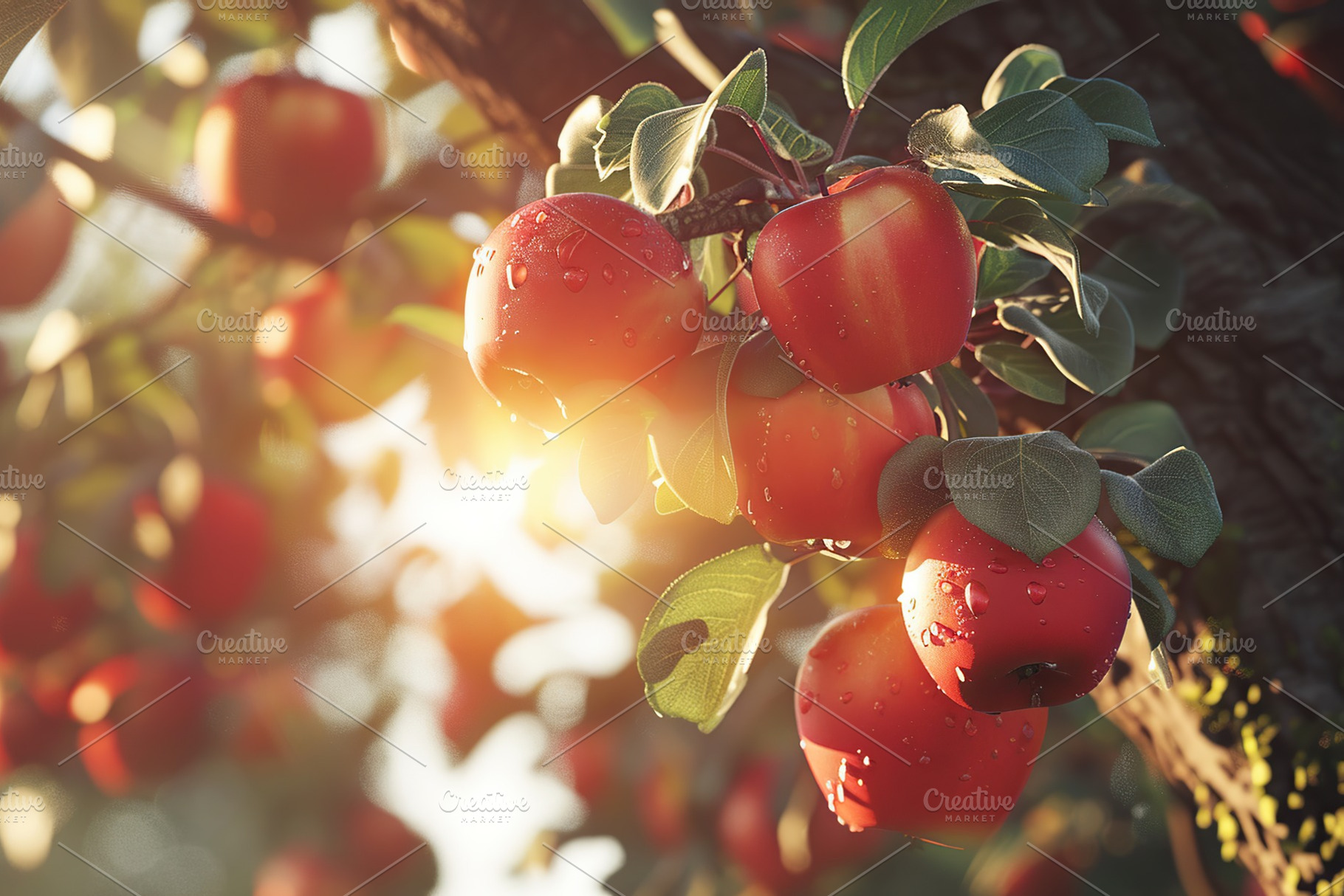 Ripe red apples hanging on branches on sunshine background, a Nature Photo by AlyaAnd