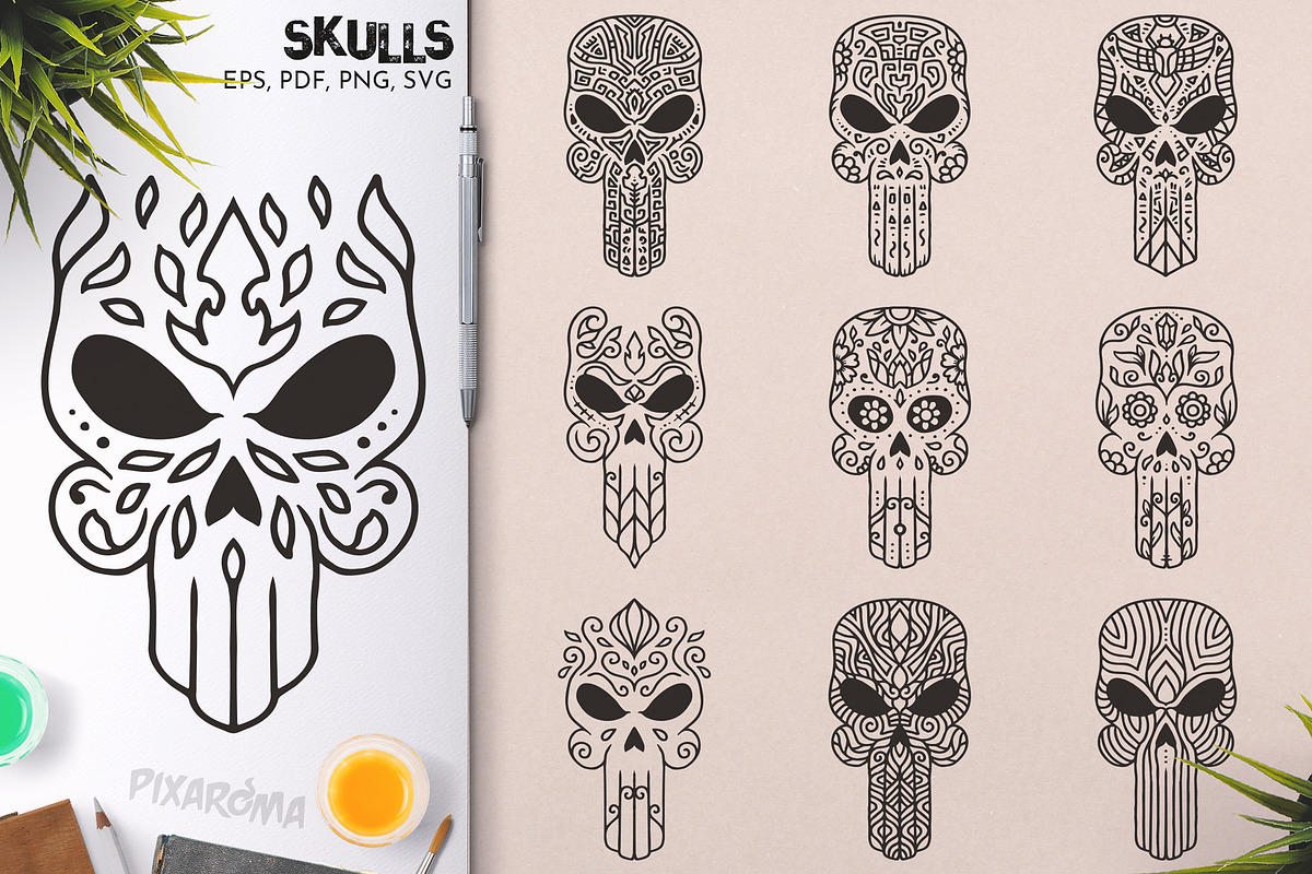 100 Decorative Vector Skulls, a Decorative Illustration by pixaroma (Photo 10 of 37)