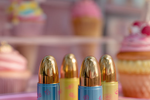 Colorful lipsticks with playful designs in a pastel-themed setting, featuring c, an Arts & Entertainment Photo by Textures & Backgrounds