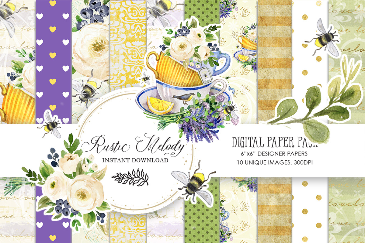 LAVENDER & TEA  DIGITAL PAPER PACK, a Pattern Graphic by rusticmelody (Photo 1 of 2)