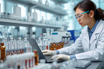 Woman scientist working in laborator, a Health & Medical Photo by angellodeco