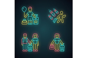 Refugees Neon Light Icons Set