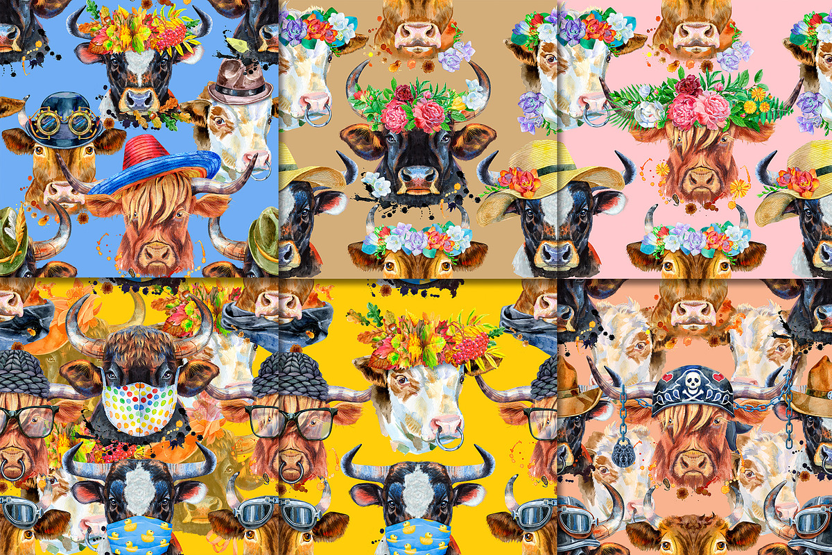 Seamless pattern of watercolor bulls, an Animal Illustration by Watercolor fantasy (Photo 3 of 6)